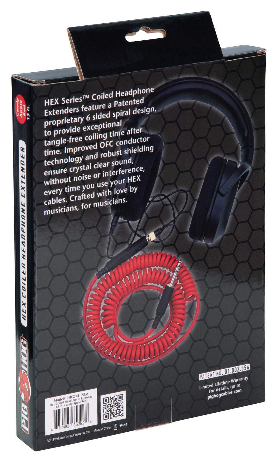 Hex Coiled Headphone Extension Cable, 1/4" - 15ft - Candy Apple Red