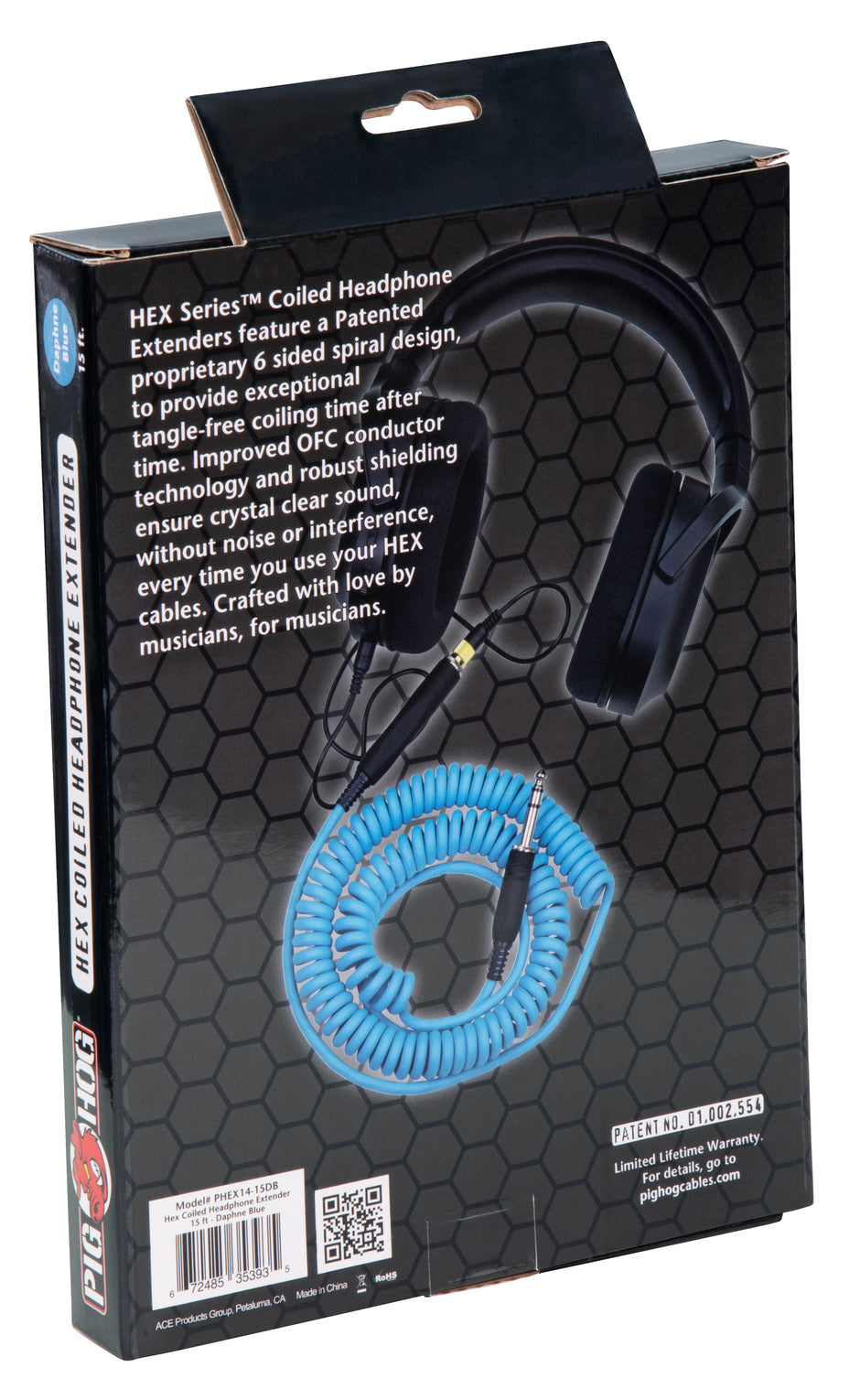 Hex Coiled Headphone Extension Cable, 1/4" - 15ft - Daphne Blue