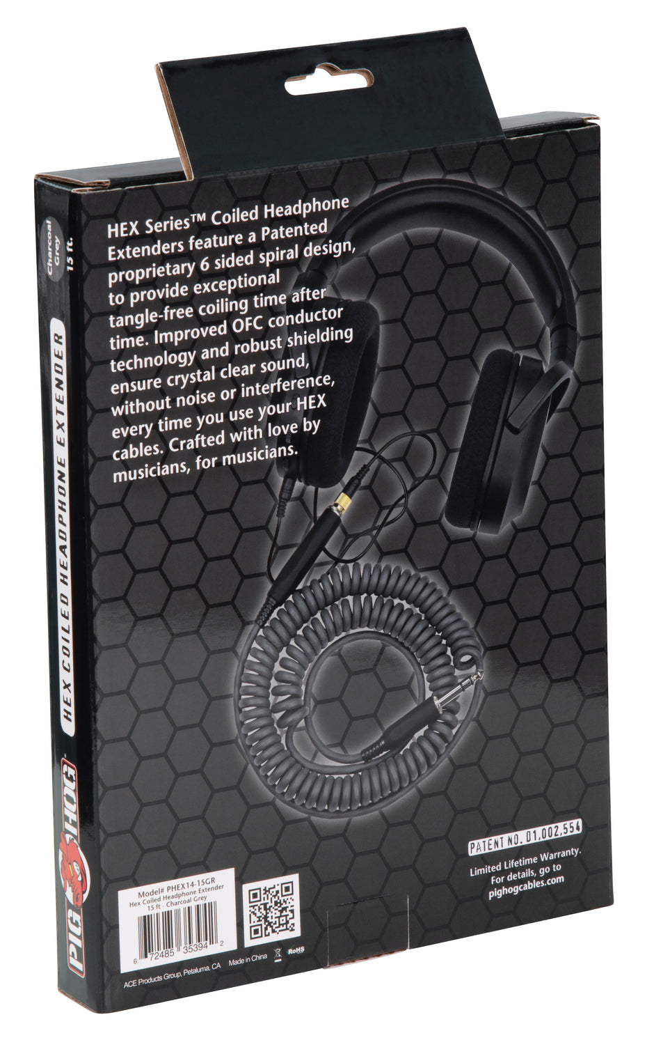 Hex Coiled Headphone Extension Cable, 1/4" - 15ft - Charcoal Grey