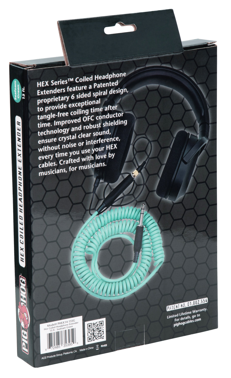 Hex Coiled Headphone Extension Cable, 1/4" - 15ft - Seafoam Green