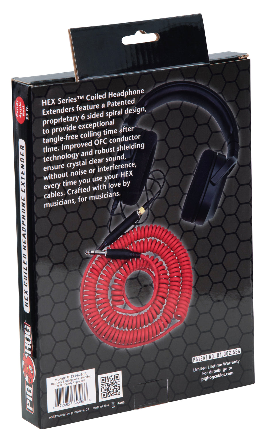 Hex Coiled Headphone Extension Cable, 1/4" - 25ft - Candy Apple Red