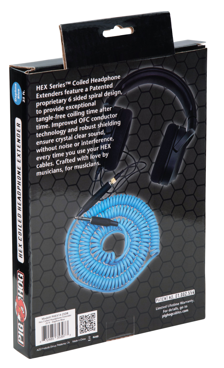 Hex Coiled Headphone Extension Cable, 1/4" - 25ft - Daphne Blue