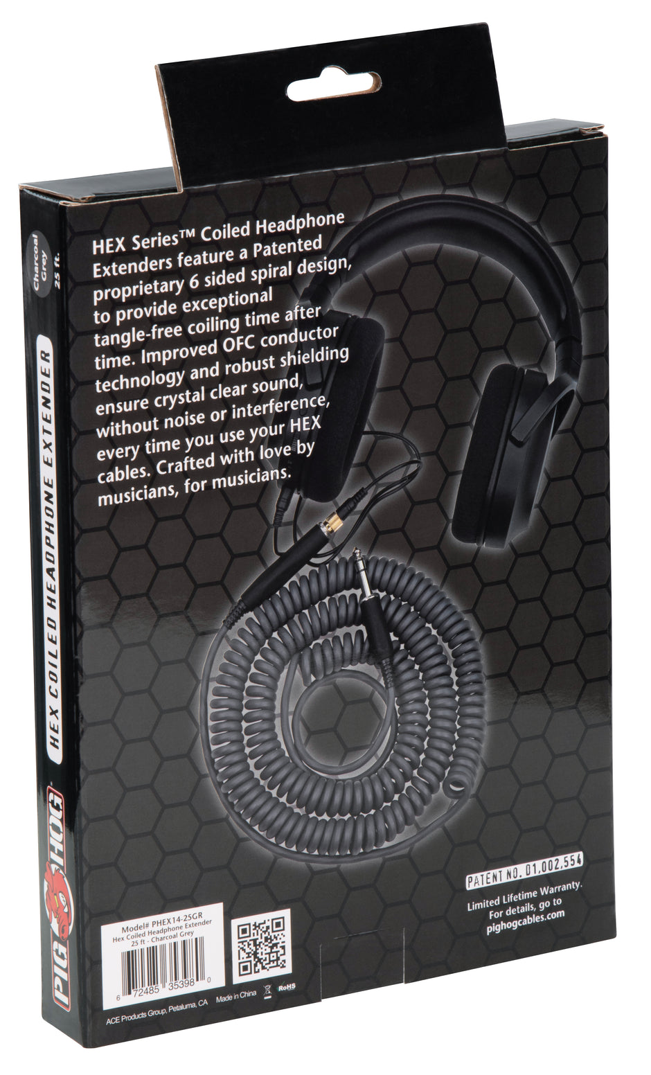 Hex Coiled Headphone Extension Cable, 1/4" - 25ft - Charcoal Grey