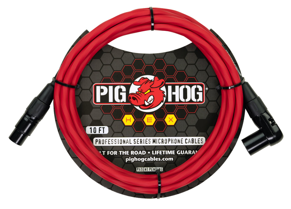Pig Hog Hex Series Mic Cable, 10ft Right Angle- Candy Apple Red