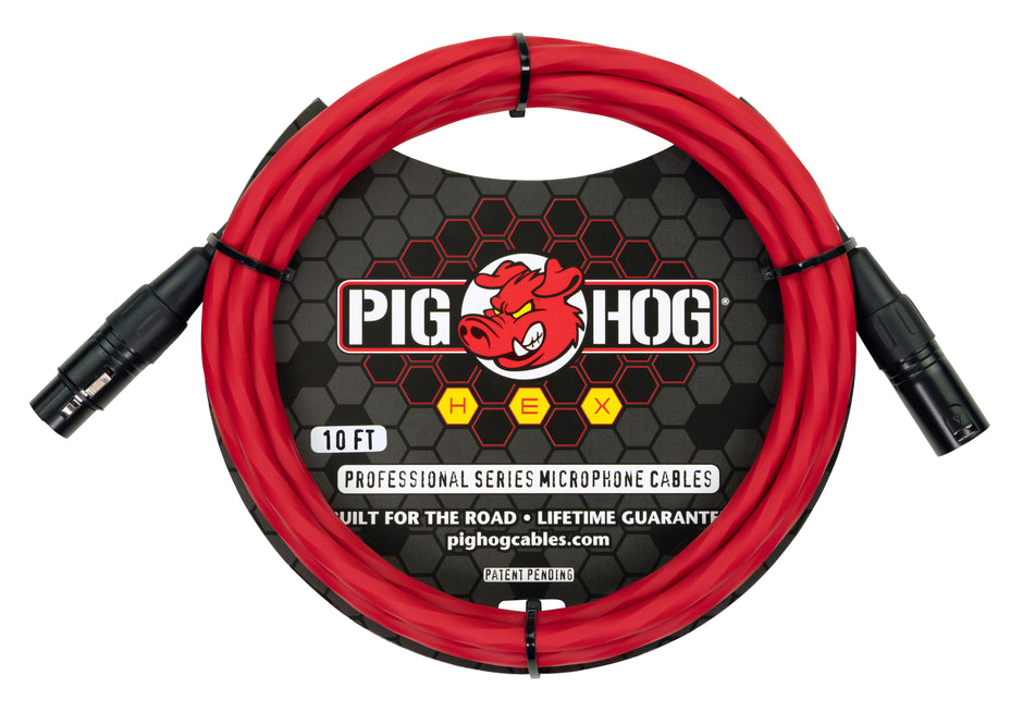 Pig Hog Hex Series Mic Cable, 10ft - Candy Apple Red