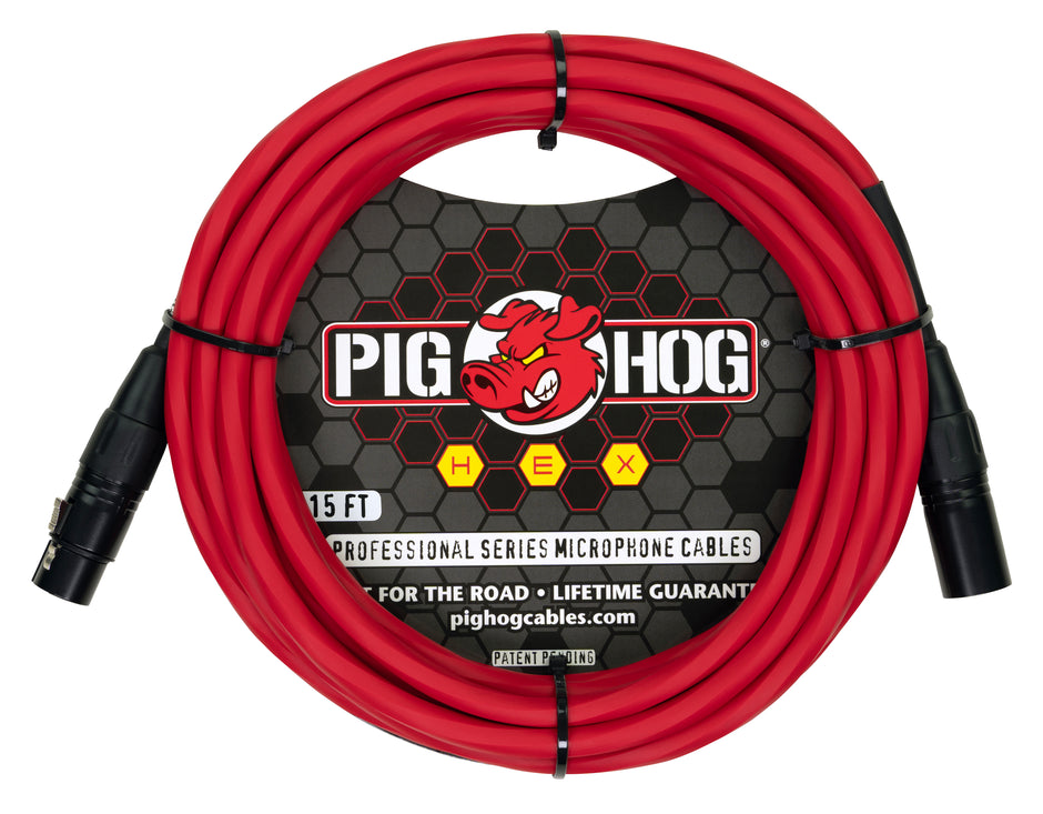 Pig Hog Hex Series Mic Cable, 15ft - Candy Apple Red