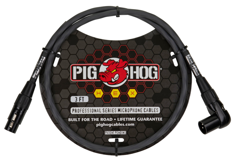 Pig Hog Hex Series Right Angle Mic Cable, 3ft - Grey