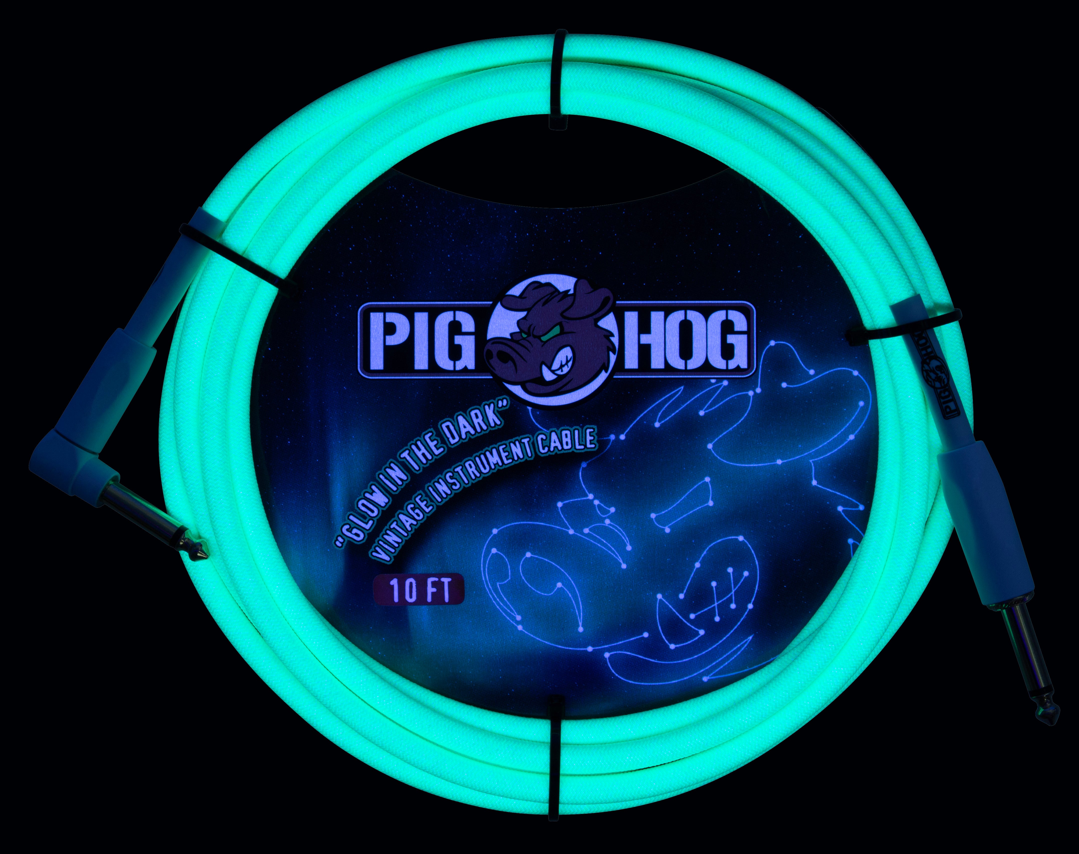 Pig Hog Glow In The Dark Instrument Cable, Right Angle 10ft