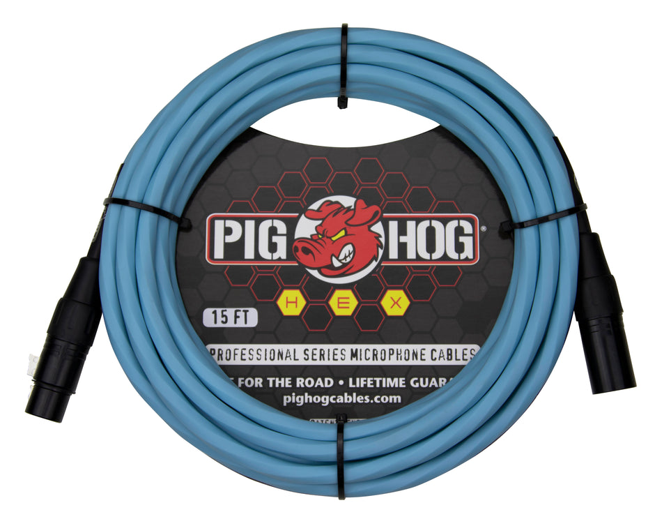 Pig Hog Hex Series Mic Cable, 15ft - Daphne Blue